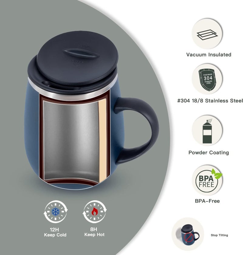 ideus 16 oz Insulated Coffee Mug with Handle and Lid, Double Wall Stainless Steel Vacuum Thermal Coffee Mug, Travel Coffee Cup Thermal Cup for Home and Office, Navy Blue - Image 2